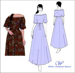 Готовая выкройка: Платье -"крестьянский стиль" - длинное  - открытое плечо / glekbr029